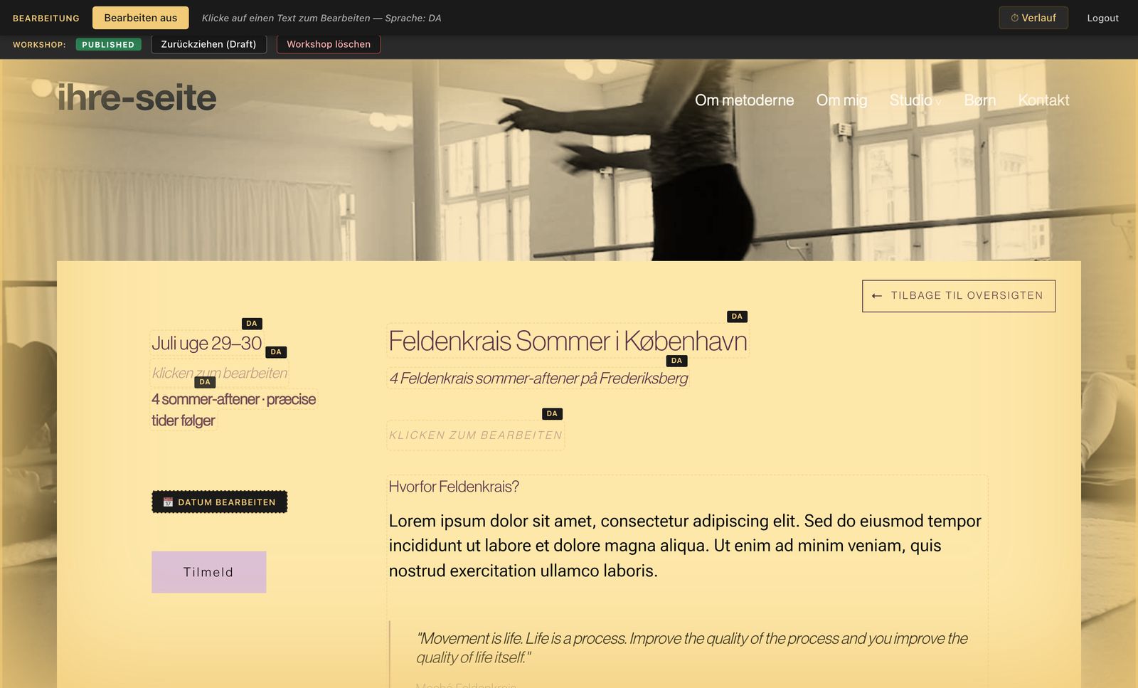 Workshop-Detailseite im Bearbeitungsmodus mit Status PUBLISHED, Buttons Zurückziehen und Löschen sowie Datum bearbeiten