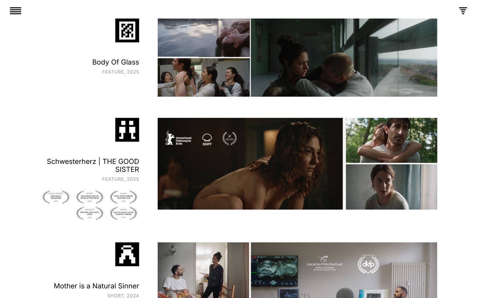 Portfolio einer Kamerafrau: Filmprojekte mit Piktogrammen, Standbildern und Festival-Lorbeeren
