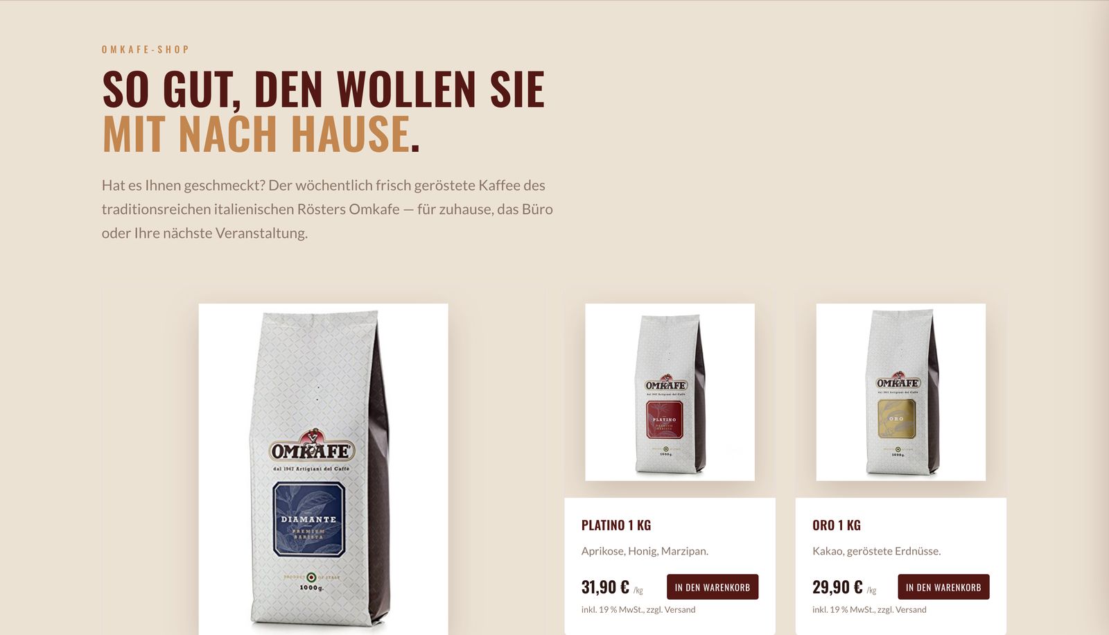 Online-Shop mit drei Kaffeesorten, Preisen und Warenkorb-Buttons