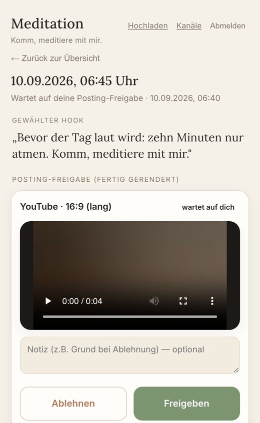 Freigabe-App: gewählter Hook, Vorschau im Format 16:9, Buttons Ablehnen und Freigeben