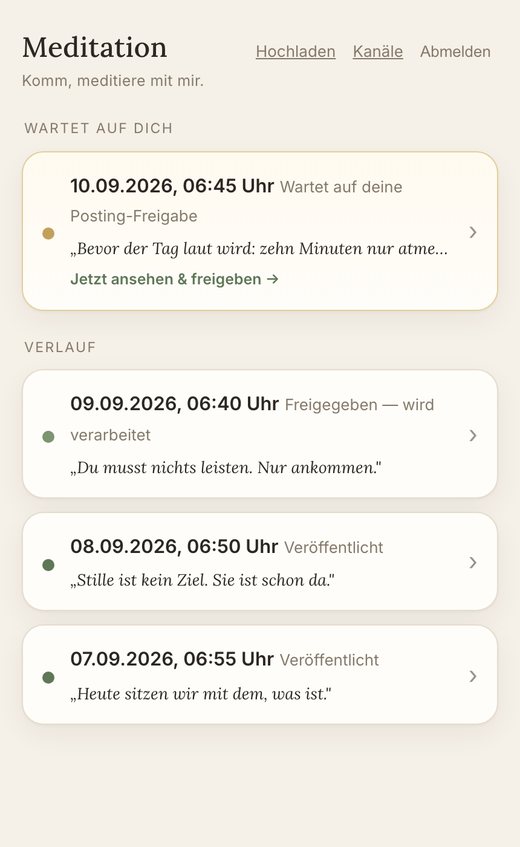 Freigabe-App: Liste der Clips, oben einer, der auf Freigabe wartet