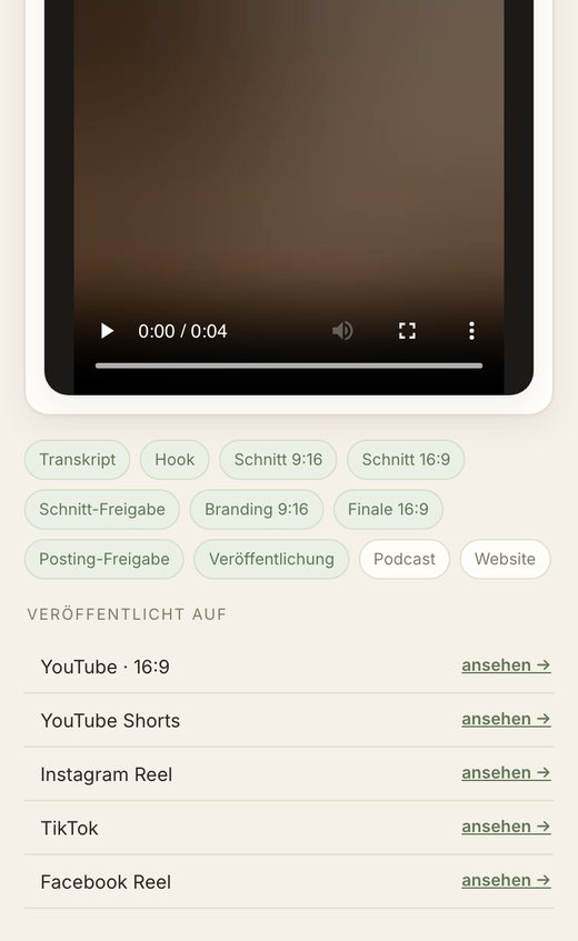 Freigabe-App: erledigte Arbeitsschritte und Veröffentlichung auf YouTube, Shorts, Instagram, TikTok und Facebook
